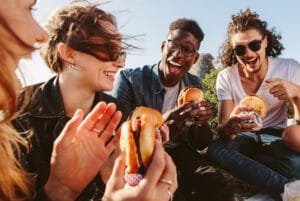 people gathered eating