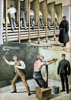 British prisoner on a penal treadmill being struck with a cat-o'-nine-tails.