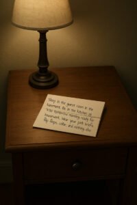 For her amusement Note on bedside table