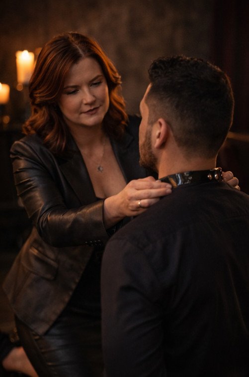 Ceremonial collar adjustment within a consensual female-led Femdom relationship